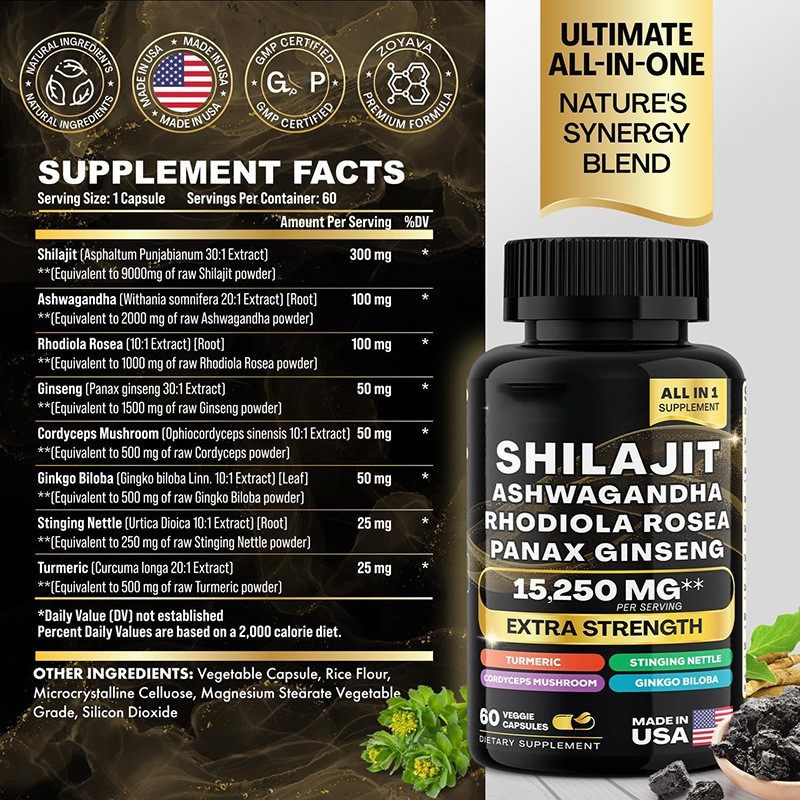 Shilajit Ashwagandha Rhodiola Rosea Panax Ginseng Supplement Fitness - Made in USA with 15,250MG Energize Your Vitality