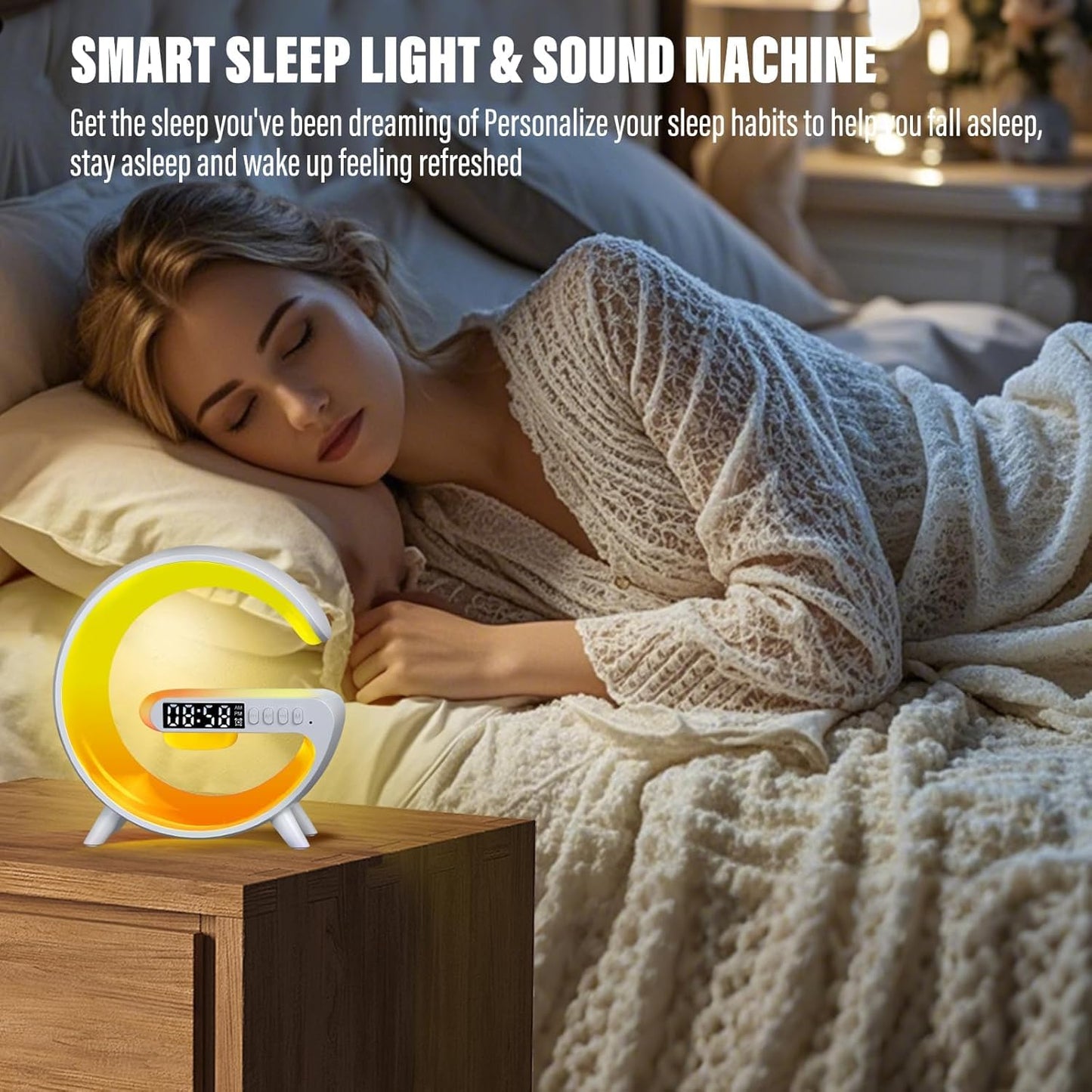 Voncerus Wireless Speaker, G Shape Table Lamp,Atmosphere Night Light with Wireless Charging Function, Bedside Lamp with Alarm Clock & Charging Function, Bedroom Bedside Lamp, Gifts