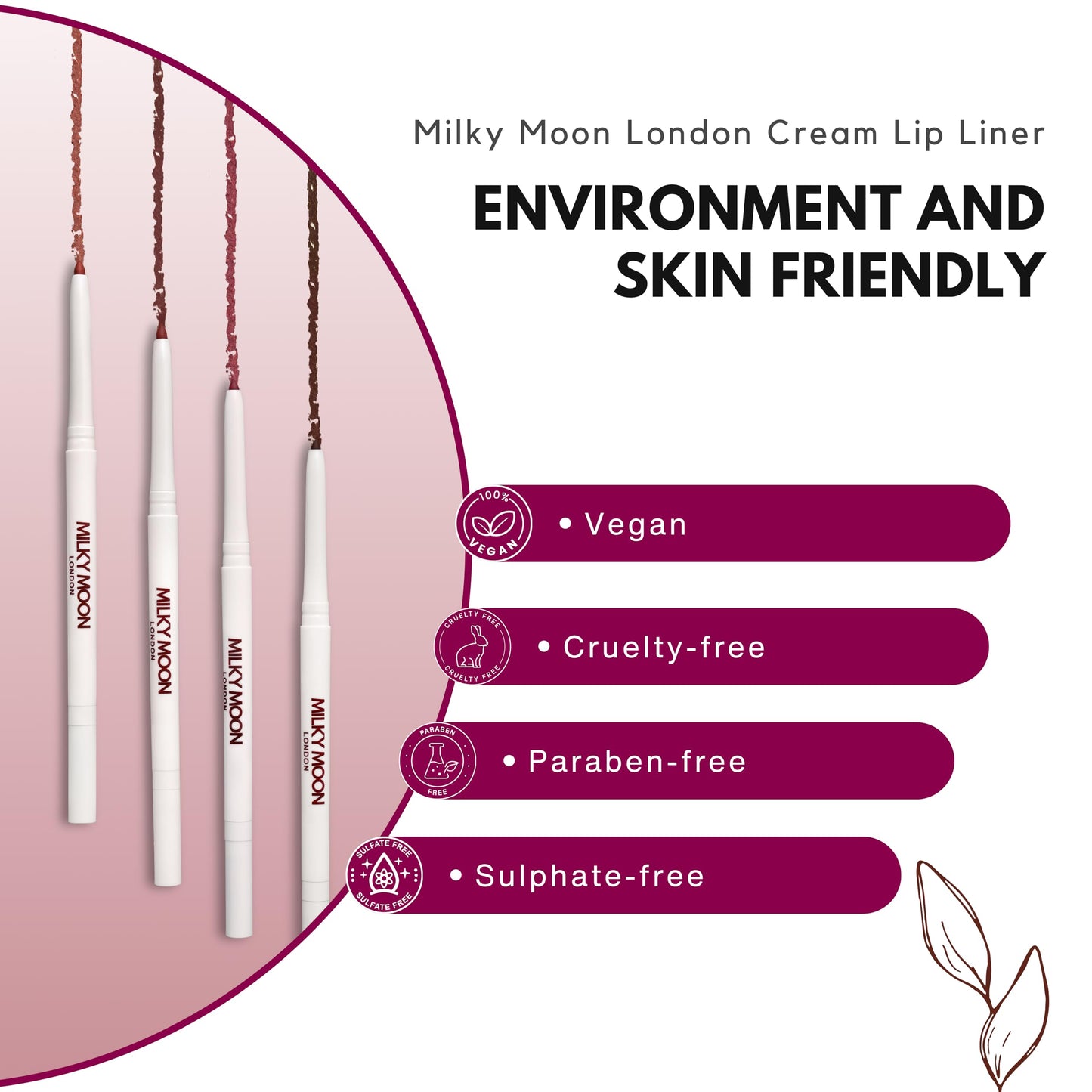 Milky Moon London - Smooth Glide Cream Lip Liner, Long Lasting & Highly Pigmented Dark Lip Liner for Bold lips, Moisturizing Matte Finish, Includes Lip Liner Sharpener & Brush - Plum