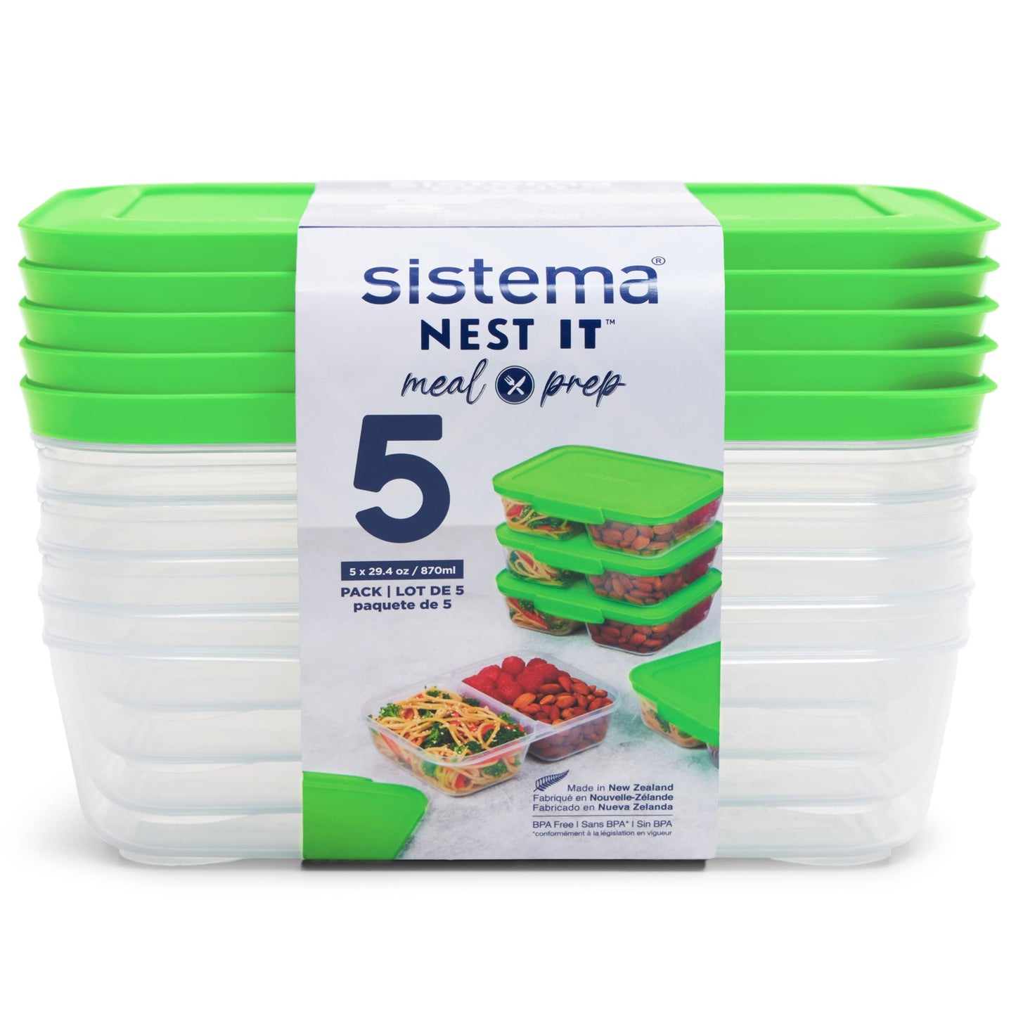 Sistema NEST IT Meal Prep Containers | 1.9 L | Airtight Food Storage Containers with Compartments & Lids | School Lunch Boxes | BPA-Free | Green | 5 Count