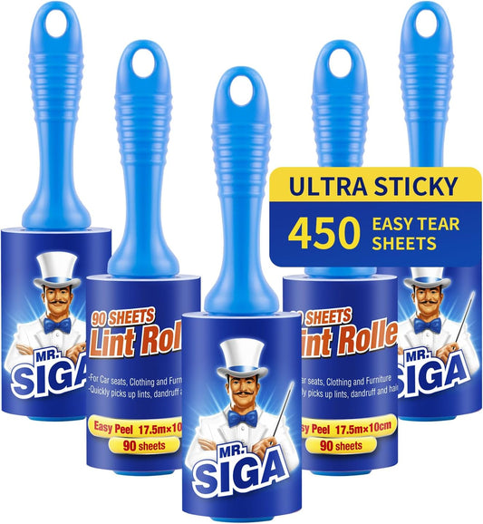 MR.SIGA Extra Sticky Lint Roller Pet Hair Remover with Easy Tear Sheets, 450 Sheets in Total, 5-Pack, Blue