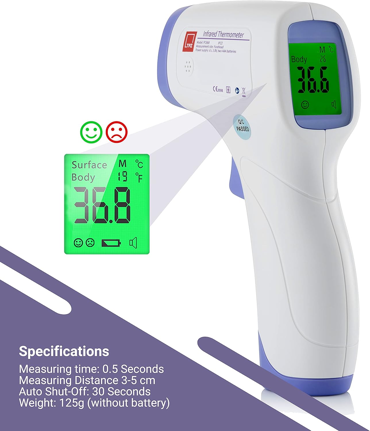 TPZ No Touch Infrared Forehead Thermometer | Non-Contact Digital Thermometer Suitable for Baby and Adult | Instant Temperature Checker | Room, Surface and Body Mode Thermometer | (1)