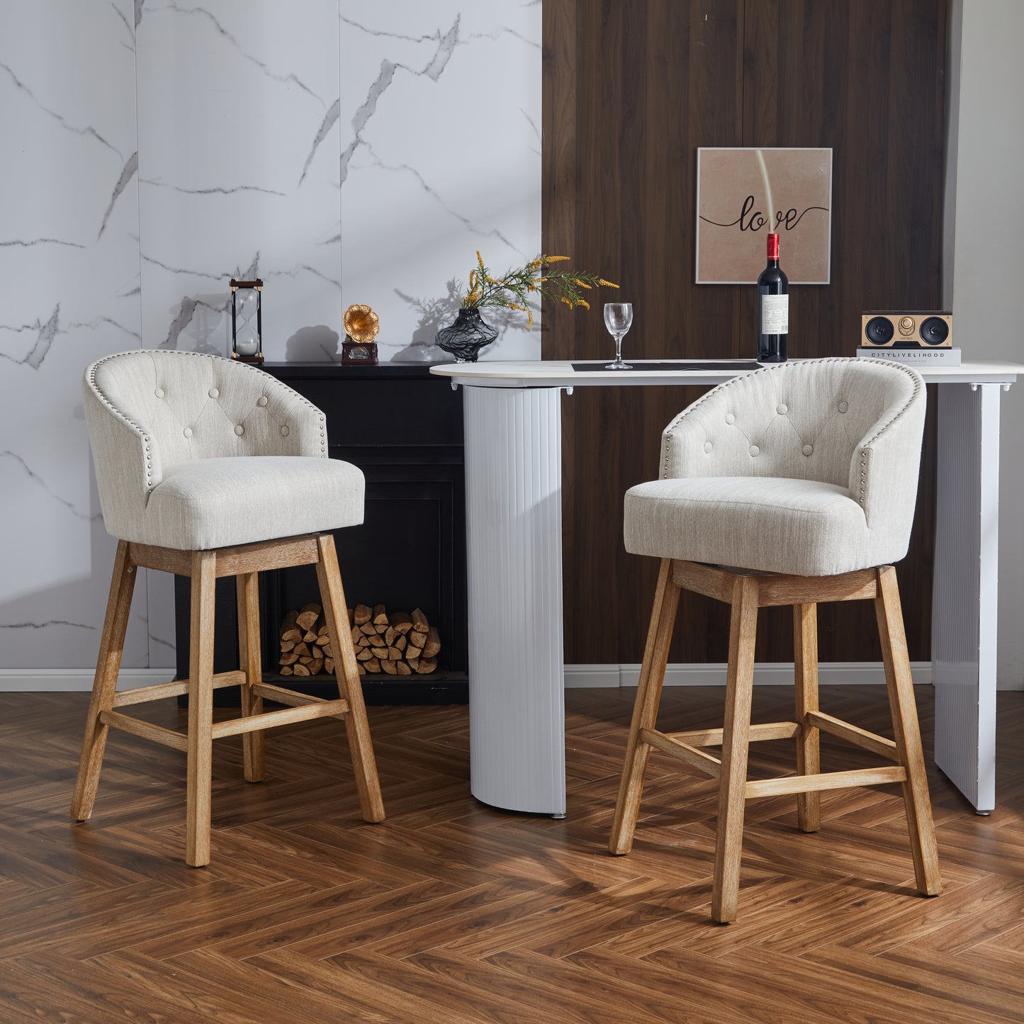 33.25&quot; Swivel Counter Stools Set of 2, Upholstered Counter Height Bar Stools with Solid Rubber Wood Frame, Backrest, Footrest, Armless Barstools for Home Bar, Kitchen Counter, Natural + Beige