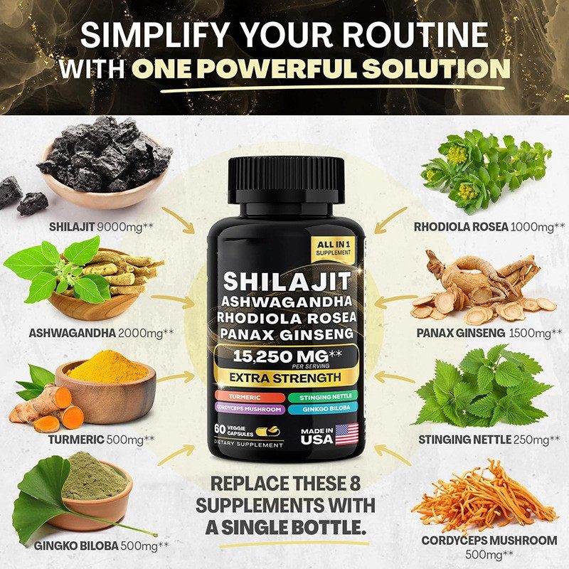 Shilajit Ashwagandha Rhodiola Rosea Panax Ginseng Supplement Fitness - Made in USA with 15,250MG Energize Your Vitality