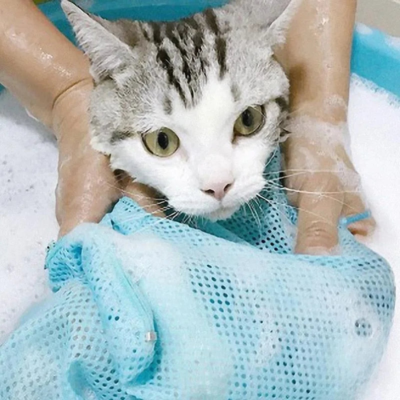 Cat Grooming Shower Bag Mesh Polyester Wash Mesh Bags Adjustable Cats Restraint Bag Prevent Scratching for Bathing Nail Trimming