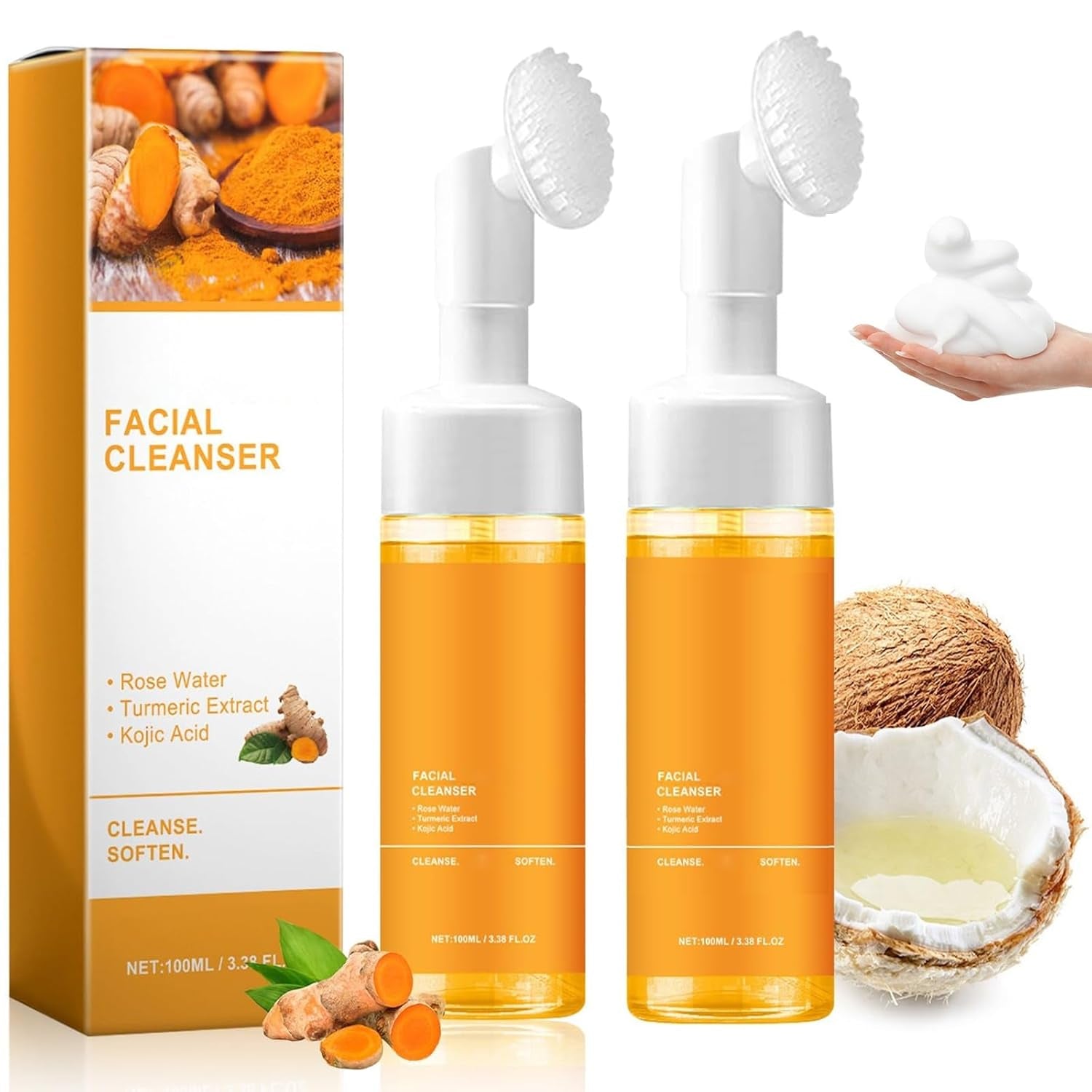 2 Pcs Turmeric Glow Wash Face Wash with Brush, Deep Cleansing Facial Skin Turmeric Foaming Face Wash.