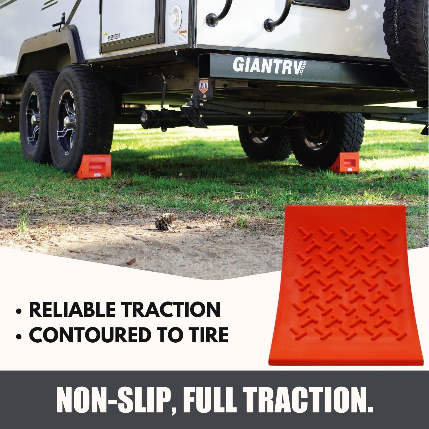 Heavy Duty Wheel Chocks (2 Pack) - Durable, Non-Slip, Solid Rubber Wheel Chocks for Boat Trailers, RV, Truck, Camper - Perfect on All Surfaces and in All Weather - Orange…