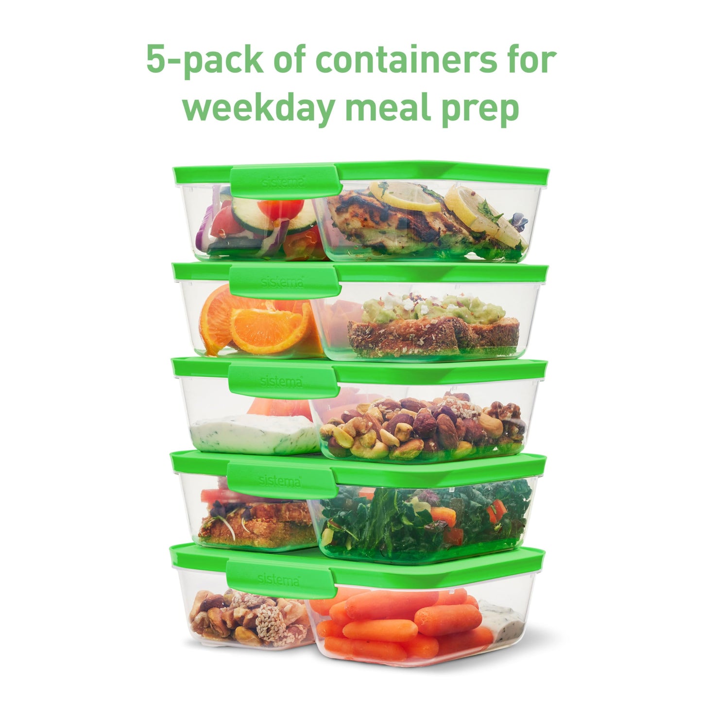 Sistema NEST IT Meal Prep Containers | 1.9 L | Airtight Food Storage Containers with Compartments & Lids | School Lunch Boxes | BPA-Free | Green | 5 Count