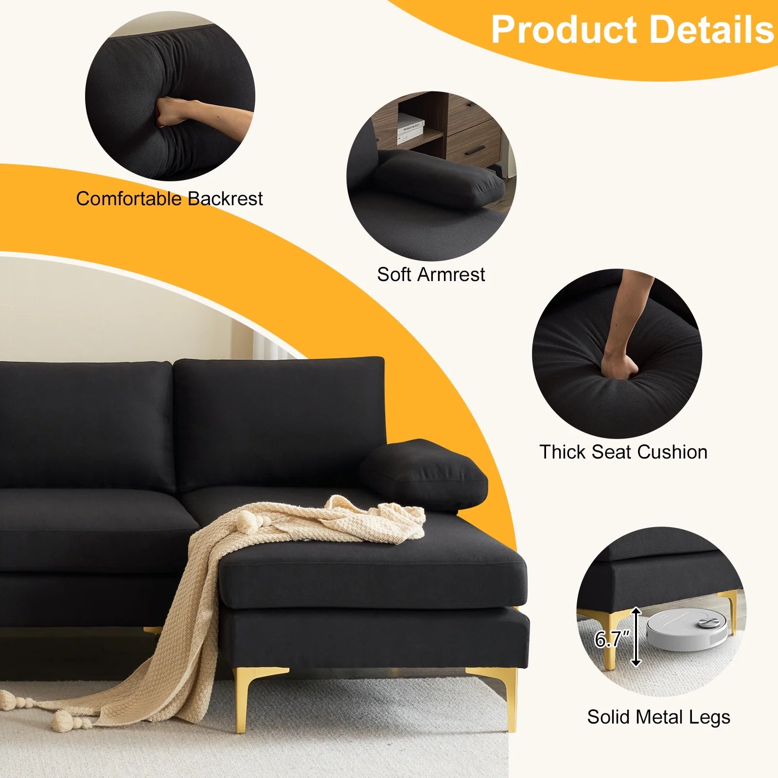 Sectional Sofa, U-Shape Convertible Couch Set with Soft Linen Fabric, Lounge Sleeper with Chaise for Living Room 4 Seat Black