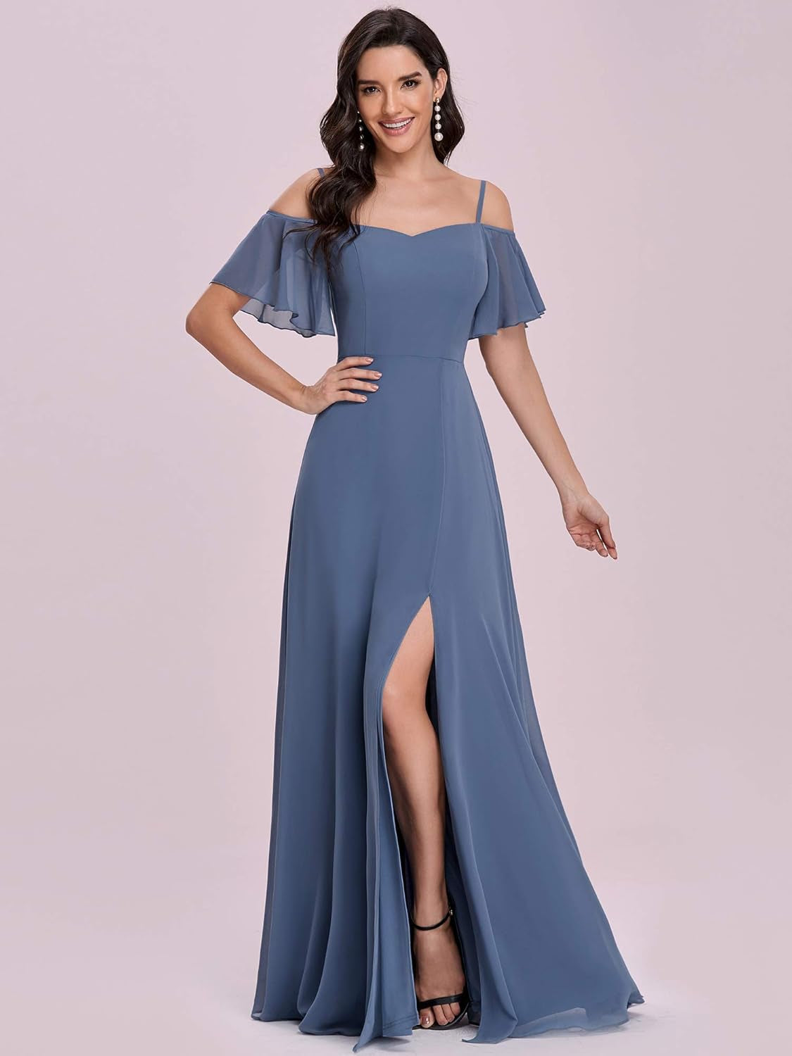 Women'S Formal Dresses off Shoulder Short Sleeve Split A-Line Floor Length Bridesmaid Dresses 0237