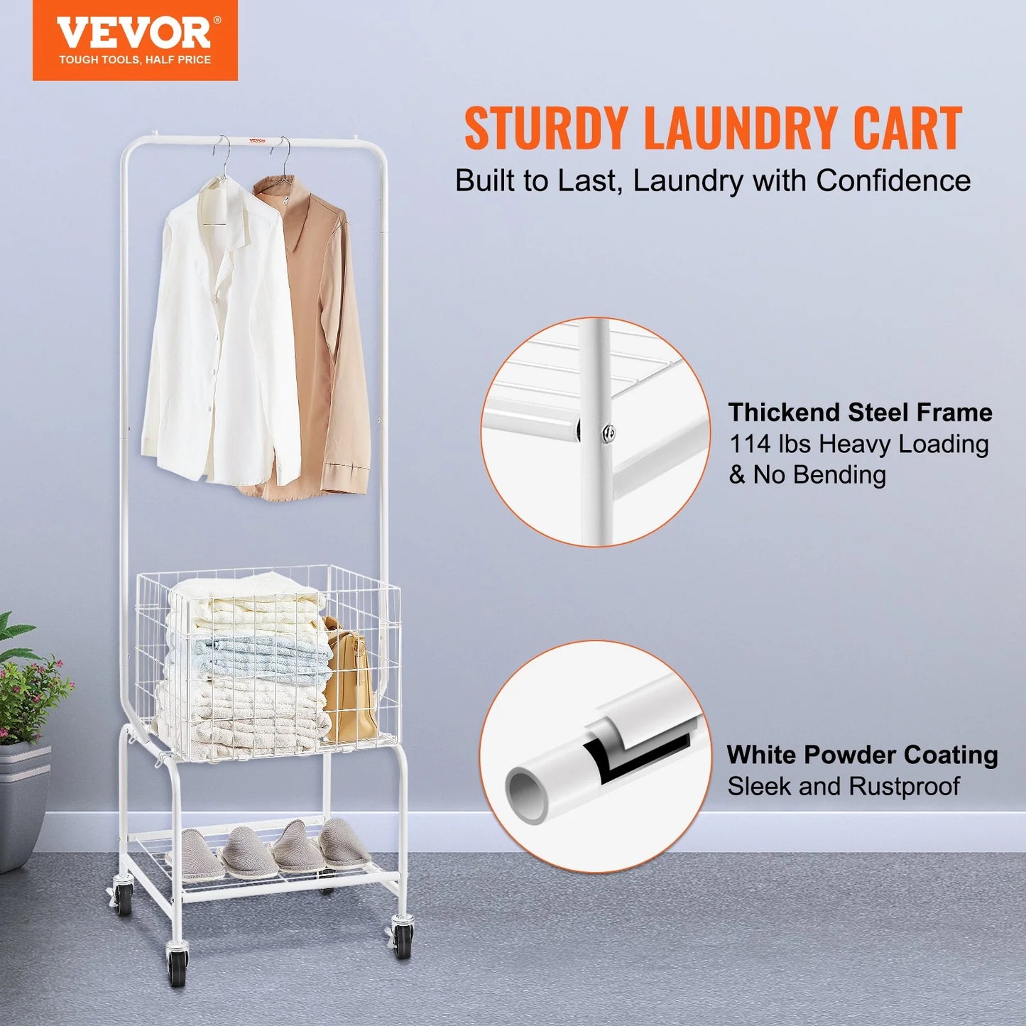 VEVOR Metal Rolling Laundry Basket with Hanging Garment Rack, Height Adjustment Laundry Hamper Cart with Basket Load and Shelf Load, Storage Organizer with Heavy Duty Lockable Wheels