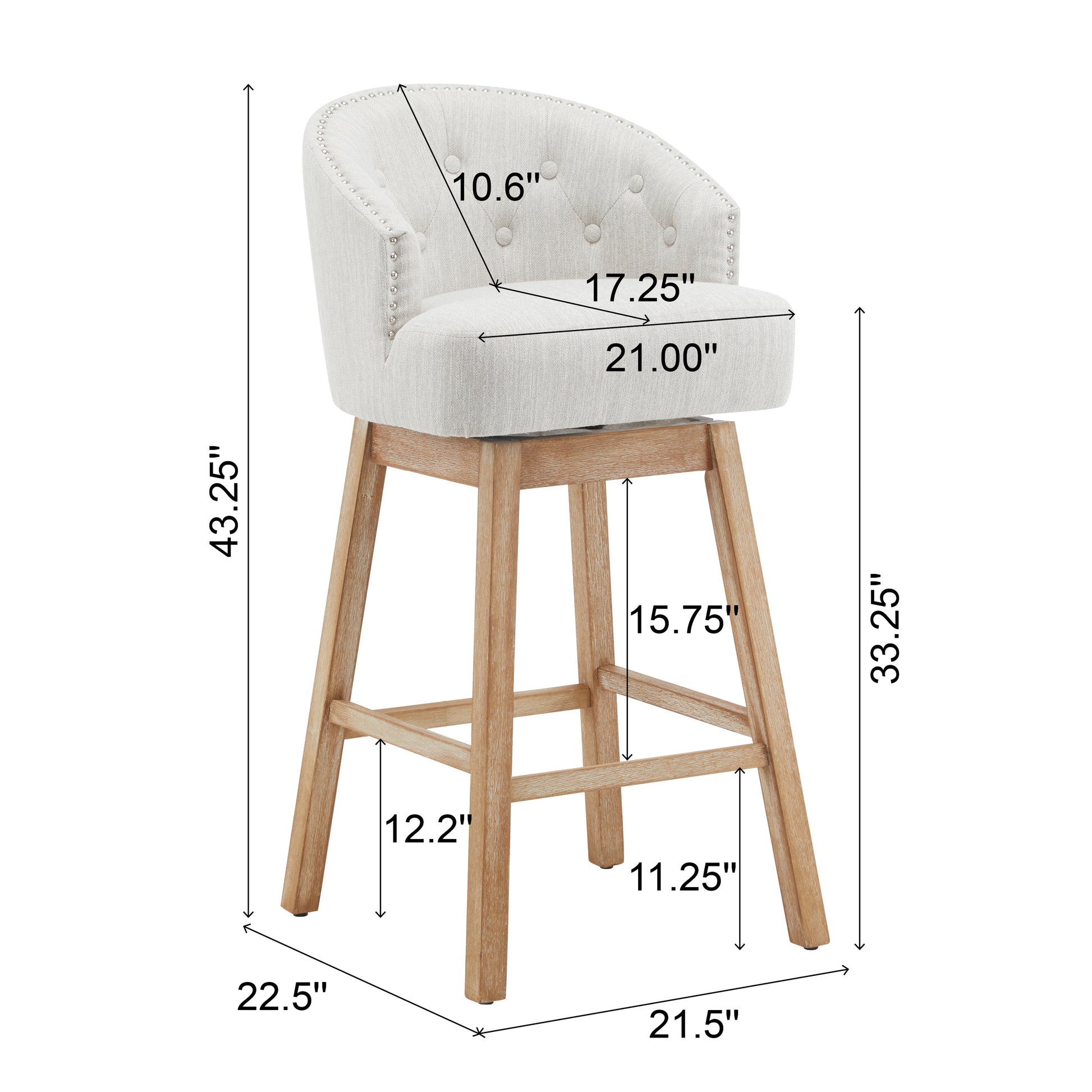 33.25&quot; Swivel Counter Stools Set of 2, Upholstered Counter Height Bar Stools with Solid Rubber Wood Frame, Backrest, Footrest, Armless Barstools for Home Bar, Kitchen Counter, Natural + Beige