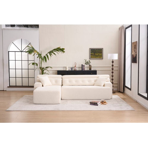 LY-029B WHITE COMPRESSION SOFA Combining Chaise Longue With 3-seater  Wood Grain Chenille Fabric, Full Sponge Compression Sofa,combined Sofa With 2 Pillows For Living Home Furniture