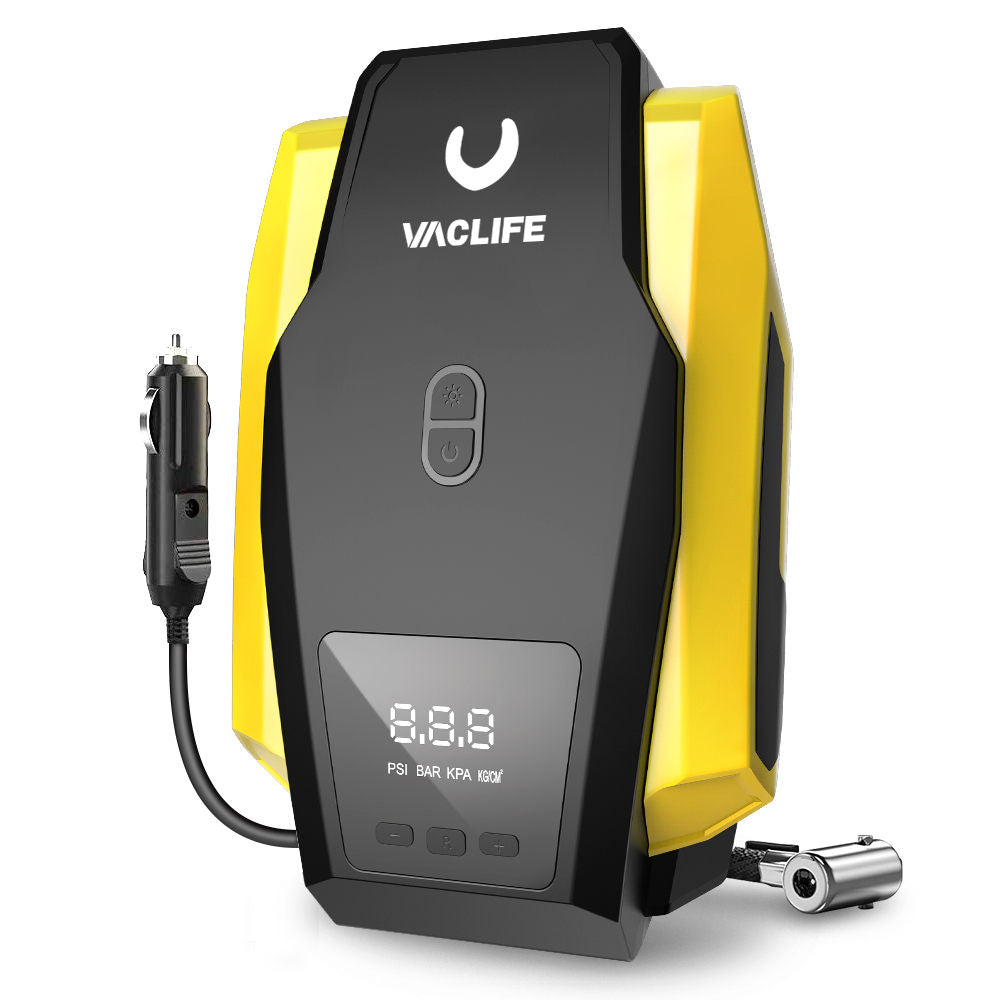 VacLife Air Compressor Tire Inflator, DC 12V Portable Air Compressor for Car Tires, Auto Tire Pump with LED Light, Digital Air Pump for Car Tires, Bicycles and Other Inflatables, Yellow(VL701)