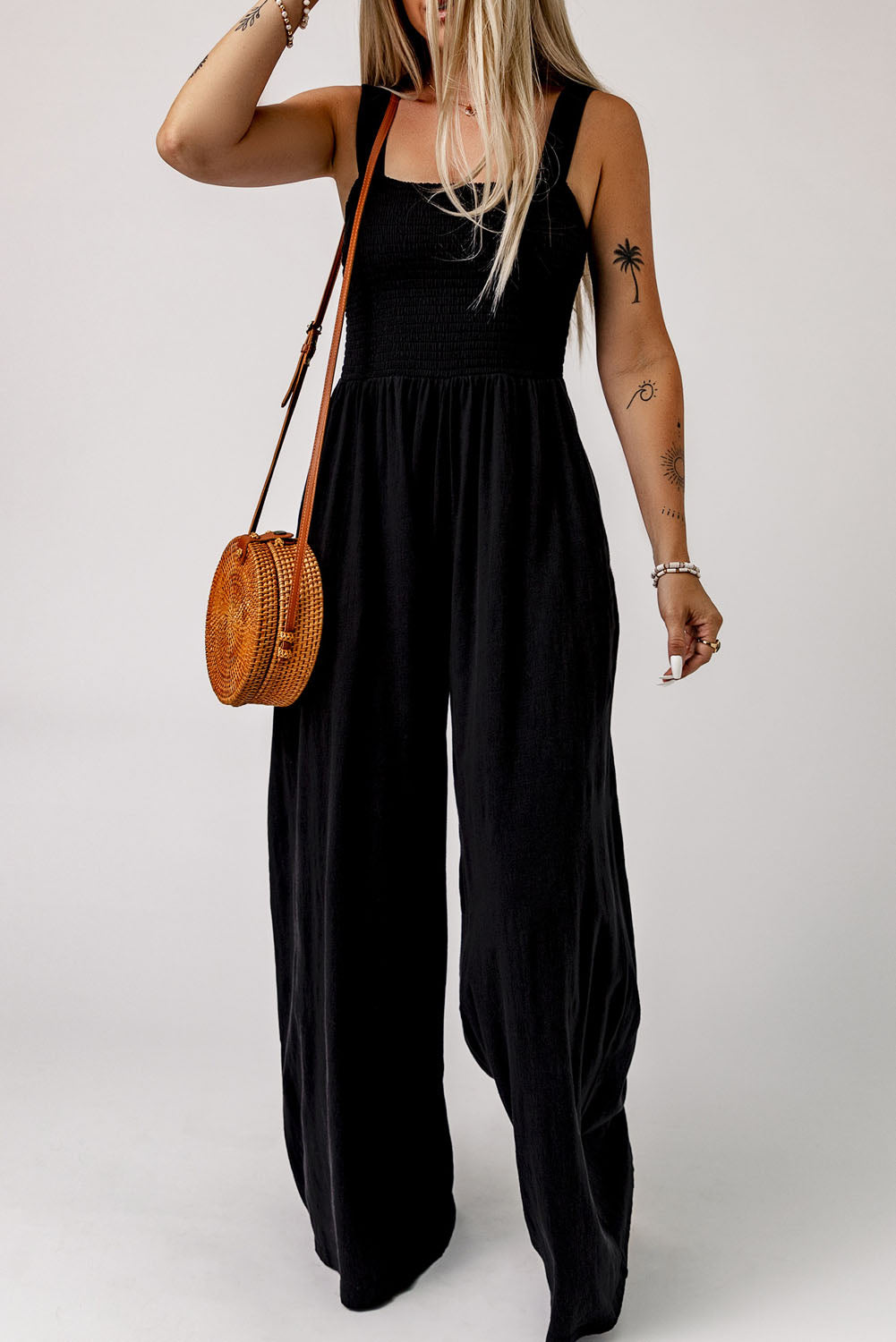 Smocked Square Neck Wide Leg Jumpsuit with Pockets Trendsi