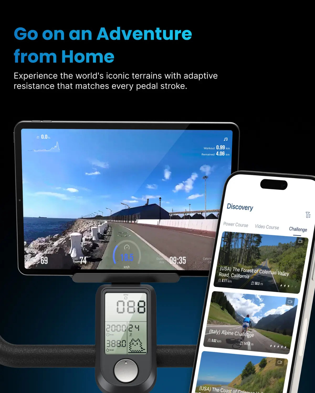 Image of a fitness interface on the Renpho EU's Wellness Bundle (AI Smart Bike S + Eyeris 1) with a digital screen on the exercise bike. The blue text at the top reads, "Go on an Adventure from Home." Below, a tablet showcases a virtual cycling path along an ocean, and a smartphone displays the Eyeris 1 app interface promoting physical and mental well-being. A digital speedometer shows performance metrics.