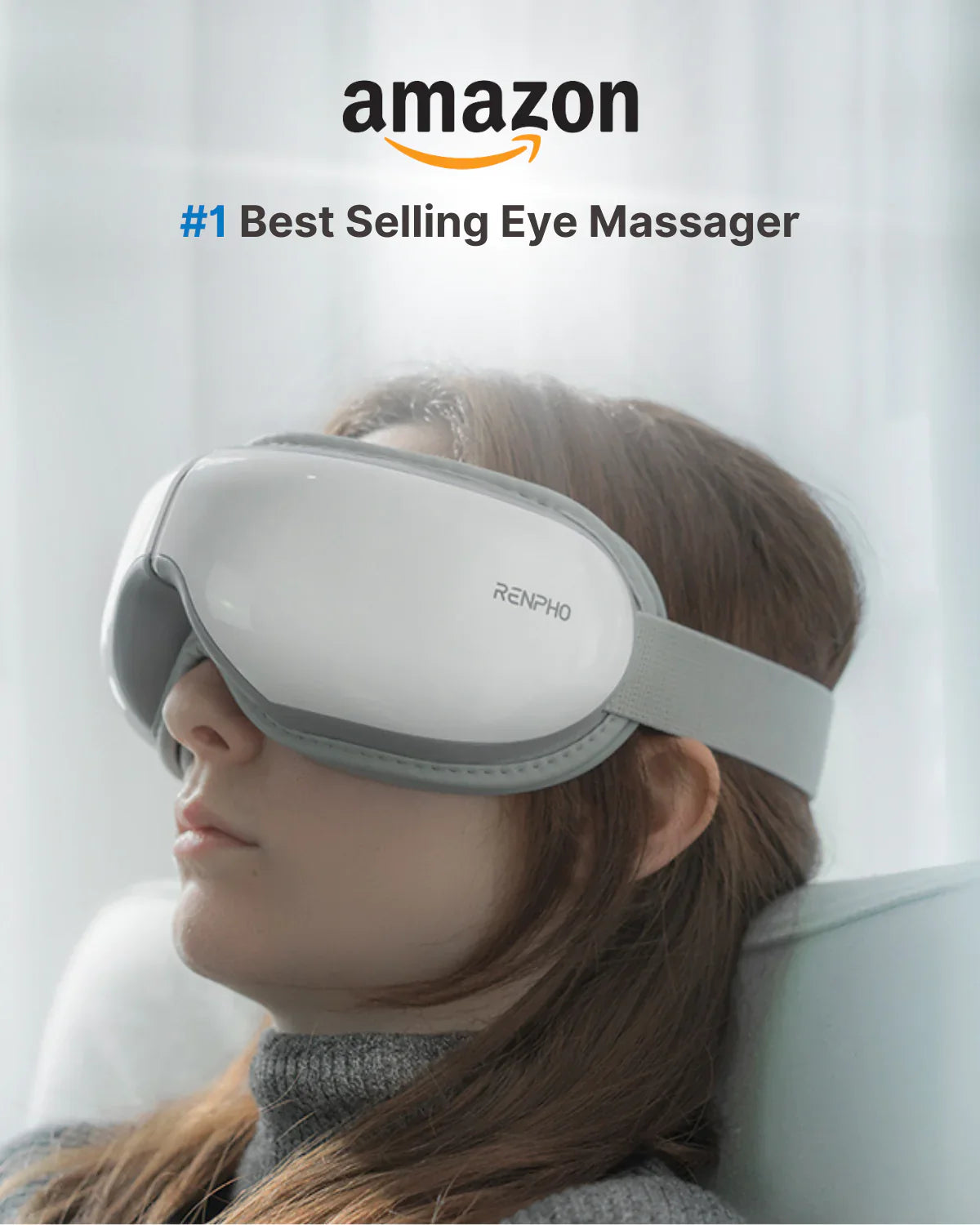 A woman is reclining on a light gray sofa, wearing a Renpho EU Eyeris 1 over her eyes. The headband of the device goes around her head, providing a snug fit. "Amazon #1 Best Selling Eye Massager" is written above her in Amazon's recognizable black text and smile logo, promoting the Wellness Bundle (AI Smart Bike S + Eyeris 1) for physical and mental well-being.