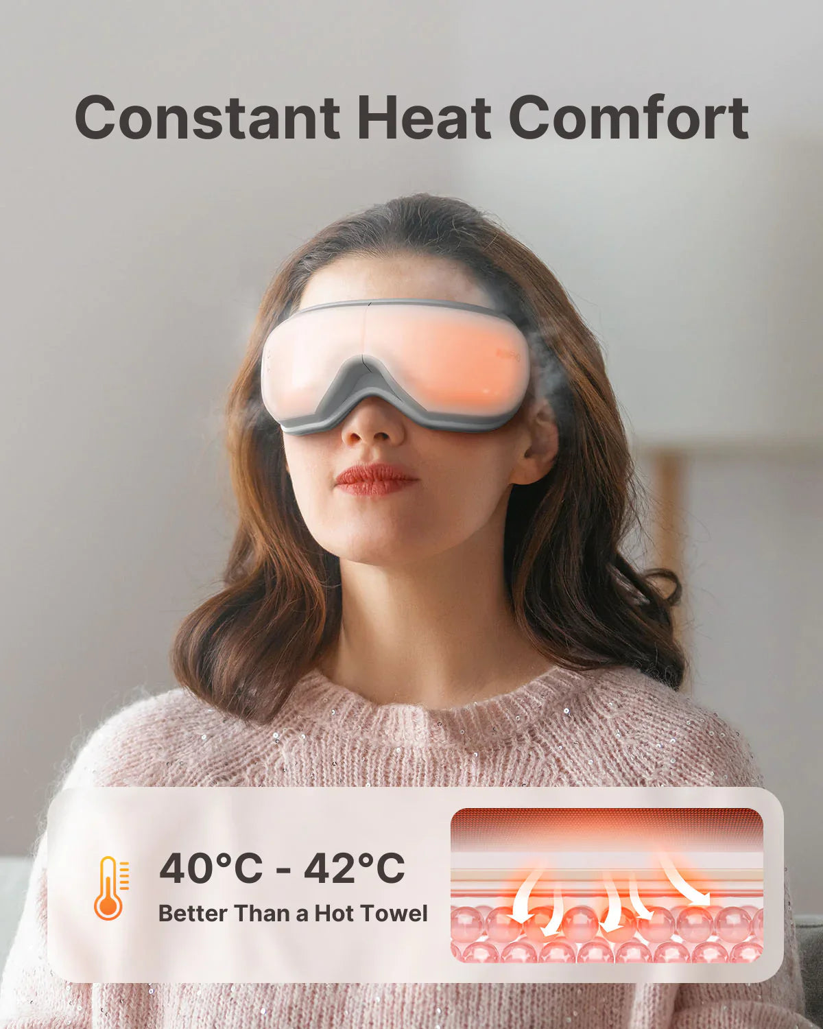 A woman, enjoying the warmth of an Eyeris 1 heated eye mask from the Renpho EU Wellness Bundle (AI Smart Bike S + Eyeris 1), sits comfortably against a blurred background. Text above her reads "Constant Heat Comfort." Below her, an inset graphic depicts a temperature range of 40°C - 42°C with the caption "Better Than a Hot Towel," emphasizing benefits for physical and mental well-being.