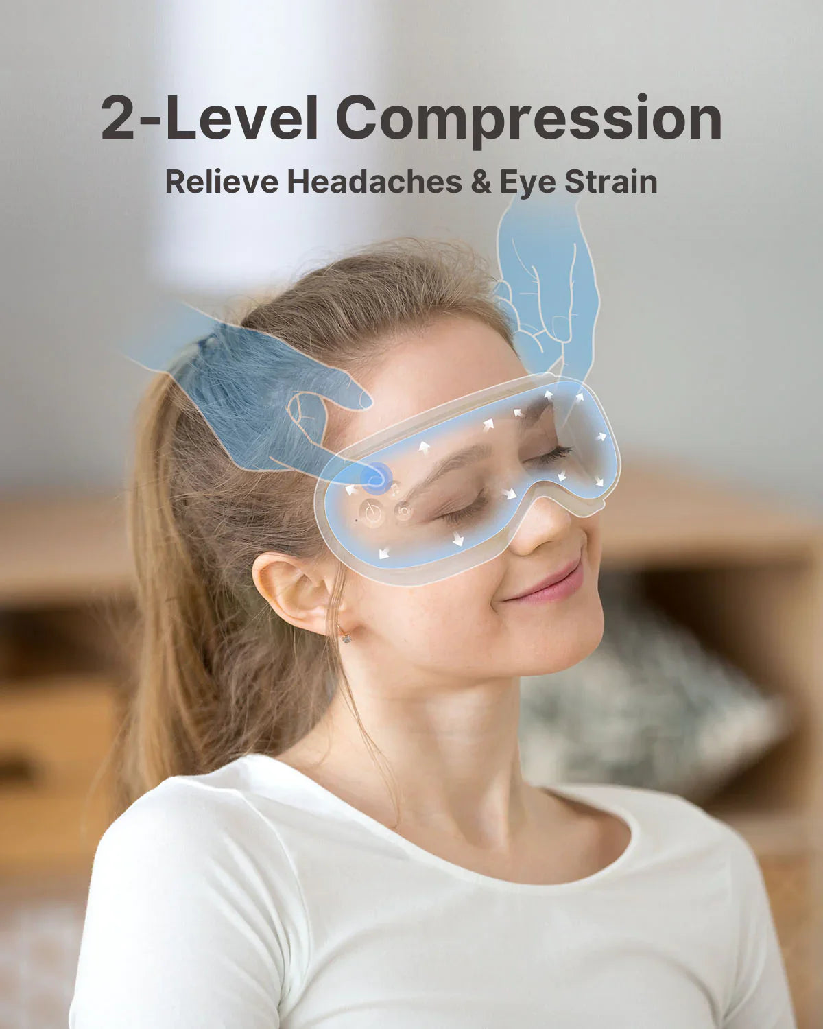 A woman with her hair tied back is wearing the Renpho EU Eyeris 1, an eye mask designed for compression therapy. The text above reads, "2-Level Compression Relieve Headaches & Eye Strain." The image includes a graphic overlay showing hands adjusting the mask. The softly lit bedroom background promotes physical and mental well-being as part of the Wellness Bundle (AI Smart Bike S + Eyeris 1) by Renpho EU.