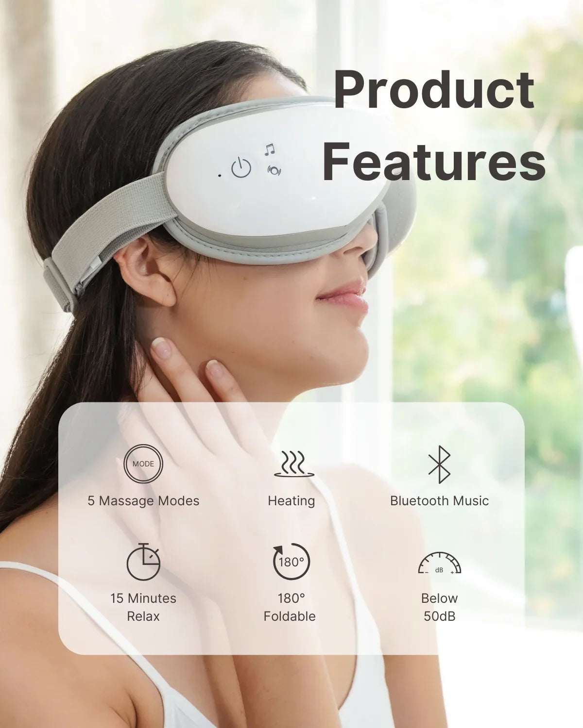 A woman wearing a sleek, white Eyeris 1 eye massager with a grey strap from the Renpho EU Wellness Bundle appears calm and relaxed. Above her head, the text "Product Features" is prominently displayed. An overlay lists features: 5 massage modes, heating function, Bluetooth music capability, 15-minute relaxation sessions, 180° foldable design, and operation below 50dB—promoting both physical and mental well-being.