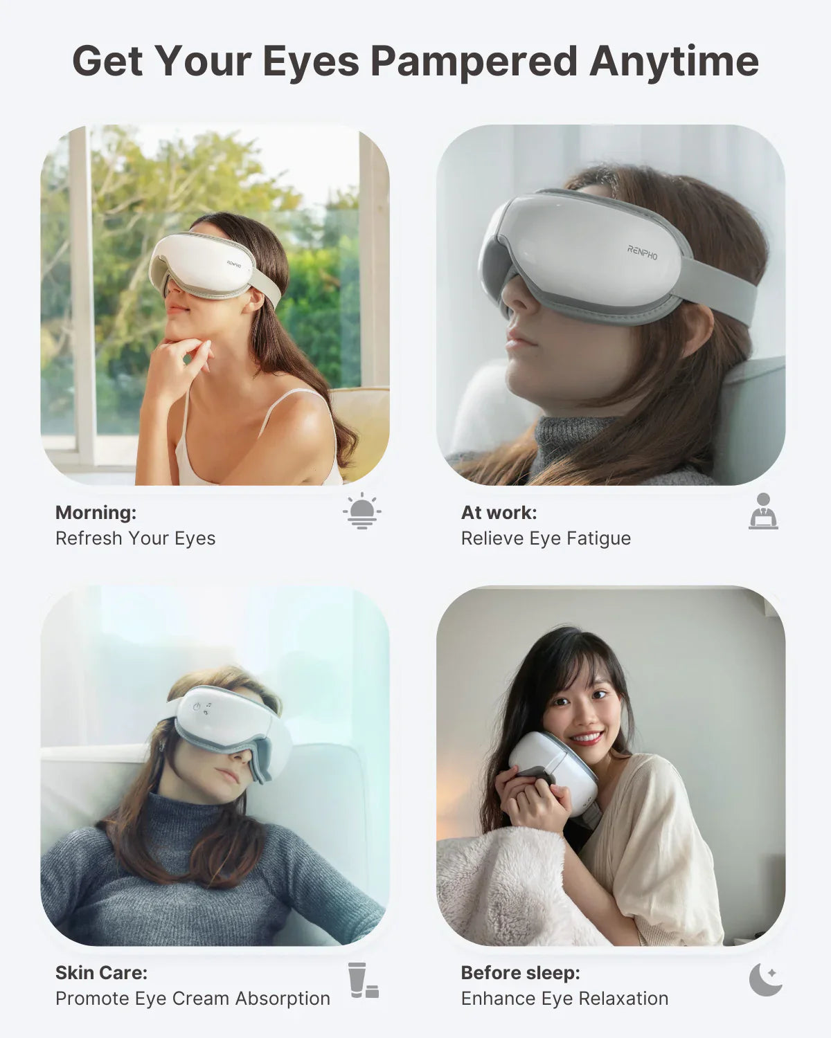 A promotional image for the Wellness Bundle (AI Smart Bike S + Eyeris 1) from Renpho EU, showcasing four scenarios enhancing physical and mental well-being: Morning (top left) with a woman by a window, At Work (top right) with a woman at a desk, Skin Care (bottom left) featuring a woman in a gray sweater lying down, and Before Sleep (bottom right) showing a woman in bed holding the Eyeris 1 mask.