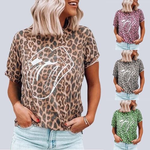 Summer New Women's Tops Leopard Lip Print Round Neck Short Sleeve T-Sh