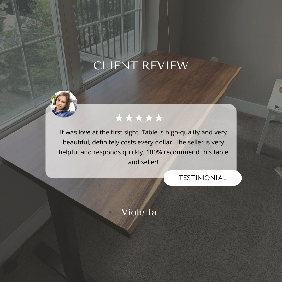 Client review praising high-quality wood standing desk, 5-star rating, highlighting beauty, value, and excellent seller responsiveness