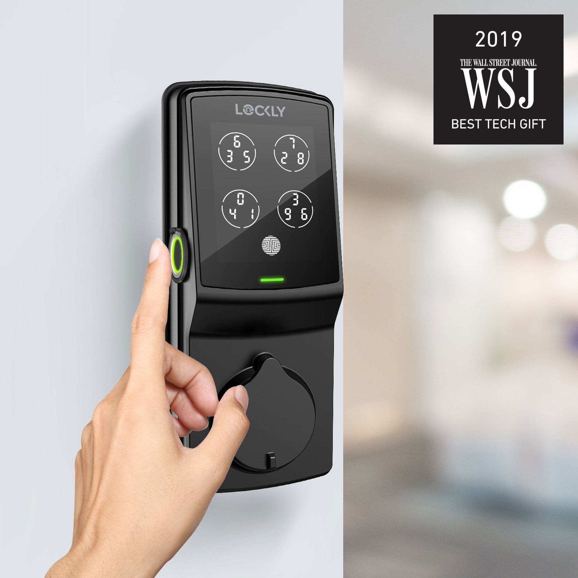 Black Lockly smart lock with keypad and fingerprint scanner person using the fingerprint scanner