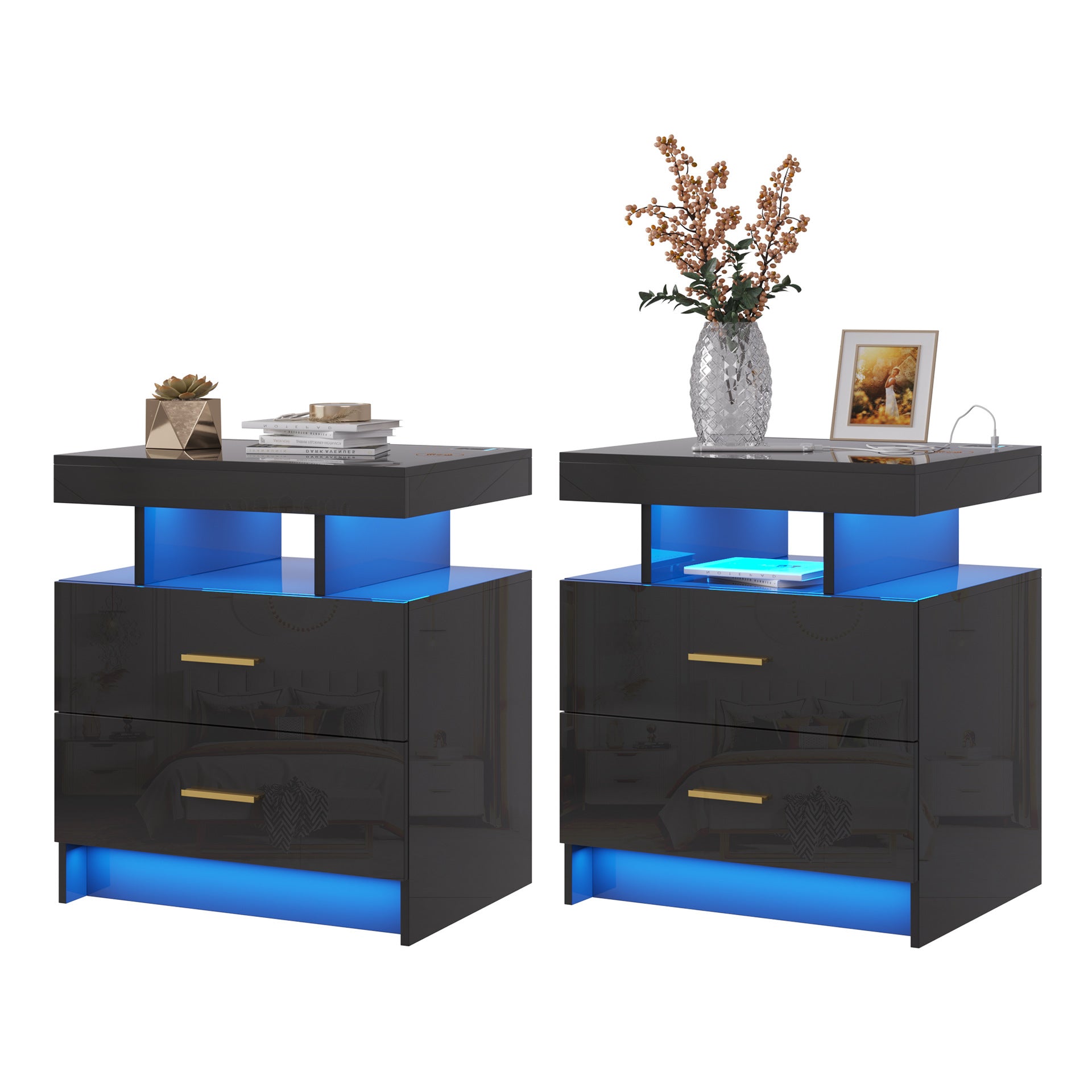 LED Lamp Bedside Table Human Body Induction USB Port Side Table With Drawer/open Storage Table Side Cabinet