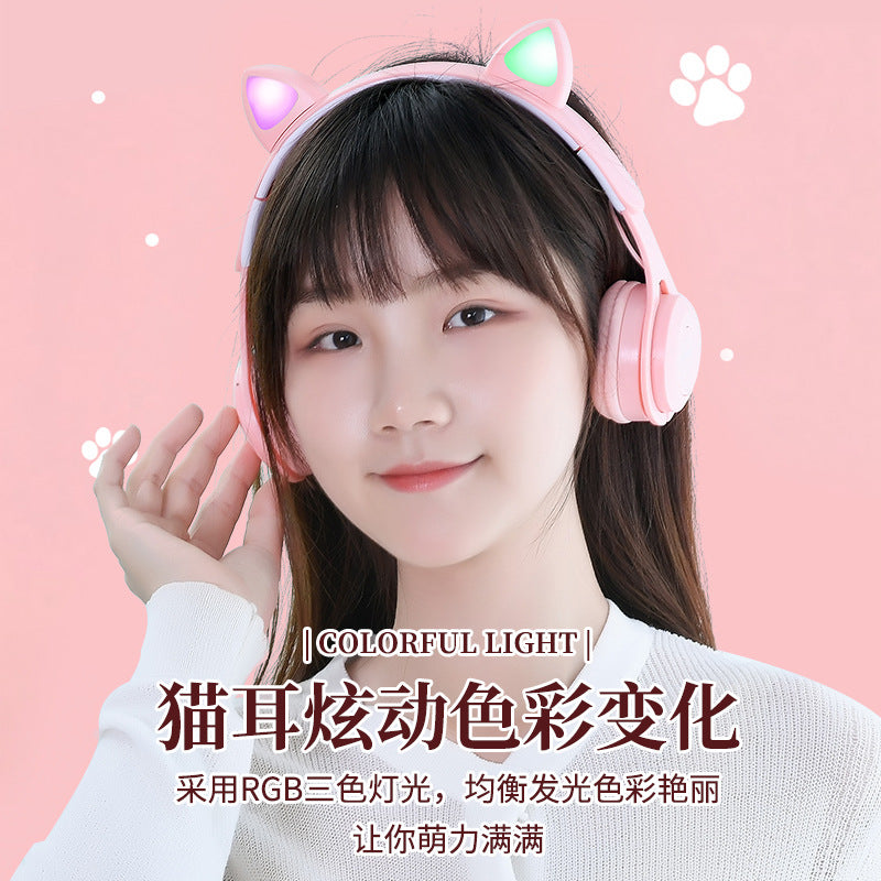 Wireless Headphone with FM Card Colorful LED Lights, Bluetooth Light-Emitting Cat Ears Headphone