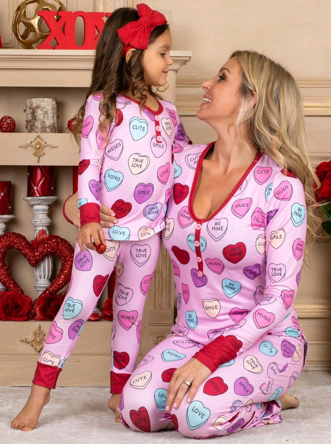 2022 Autumn Amazon Explosion Style European And American Women&amp;#039;s Dress Valentine&amp;#039;s Day Love Print Casual Home Pajamas Parent-Child Suit