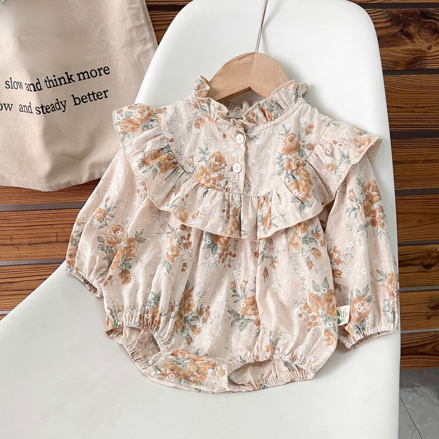 Baby&#039;s Large Floral Korean Style Wooden Ear Collar Sheath Baby Girl&#039;s New Ruffled Romper Romper