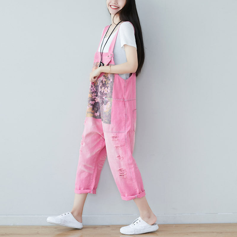 2024 New And Old Elegant Printed Jeans With Ripped Large Size Slim-fit Overalls Loose Straight Vagrant