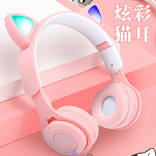 Wireless Headphone with FM Card Colorful LED Lights, Bluetooth Light-Emitting Cat Ears Headphone