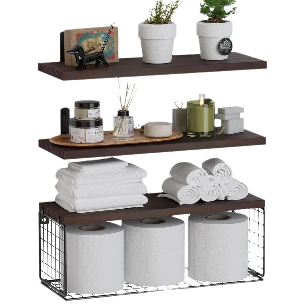 Wooden Wall-mounted Suspension Rack Bathroom Wall Multi-layer Floating Partition Rack Wooden Toilet With Paper Storage Basket