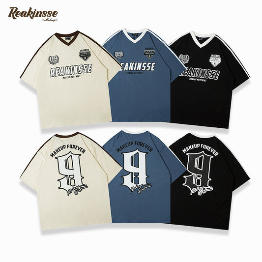 American Retro Peach Collar Oversize Contrast Color Stitching Fashion Brand Printed Couple Baseball Jersey Short Sleeve T-shirt