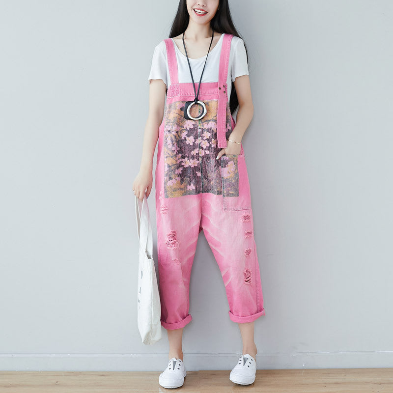 2024 New And Old Elegant Printed Jeans With Ripped Large Size Slim-fit Overalls Loose Straight Vagrant