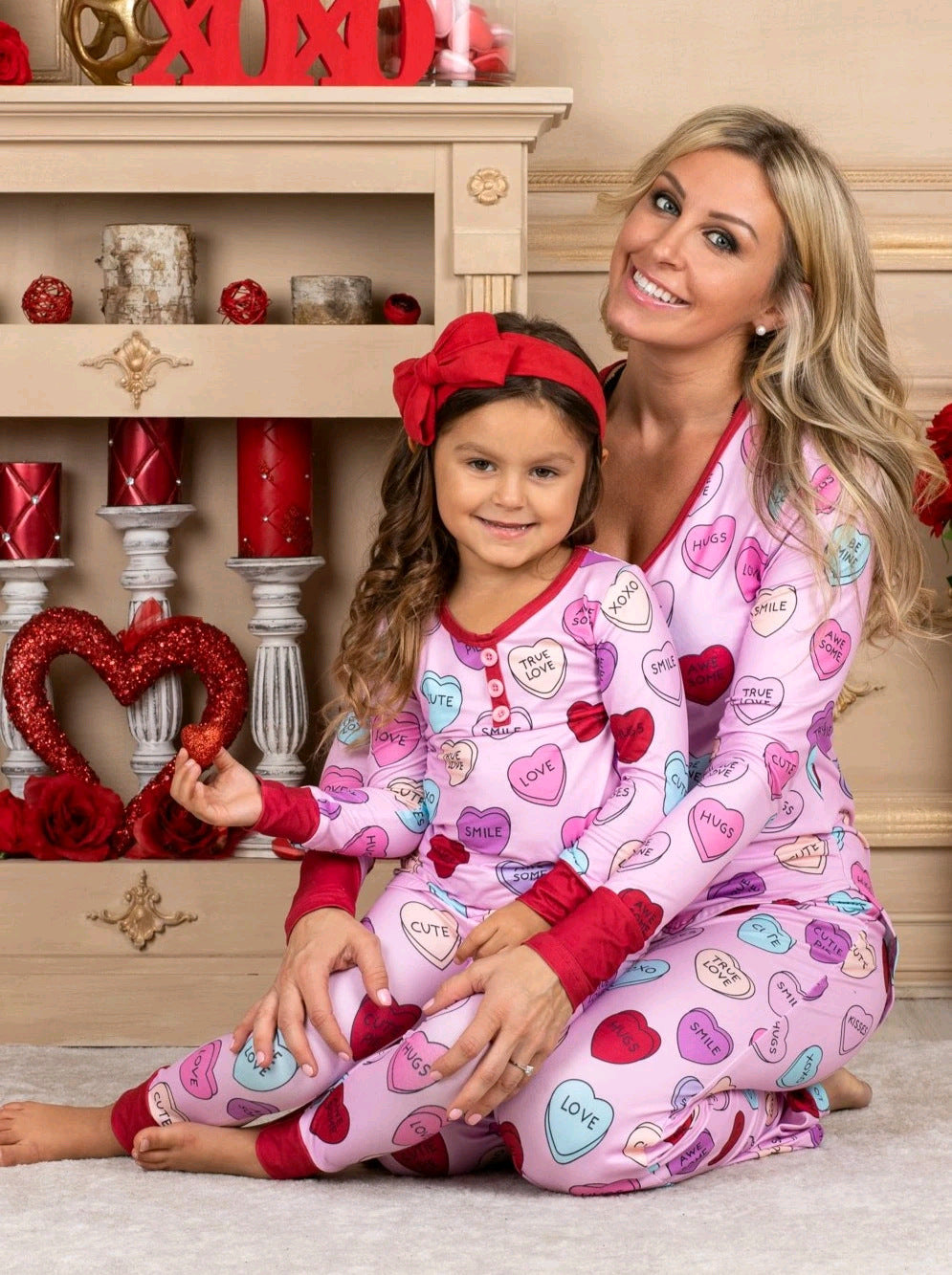 2022 Autumn Amazon Explosion Style European And American Women&amp;#039;s Dress Valentine&amp;#039;s Day Love Print Casual Home Pajamas Parent-Child Suit