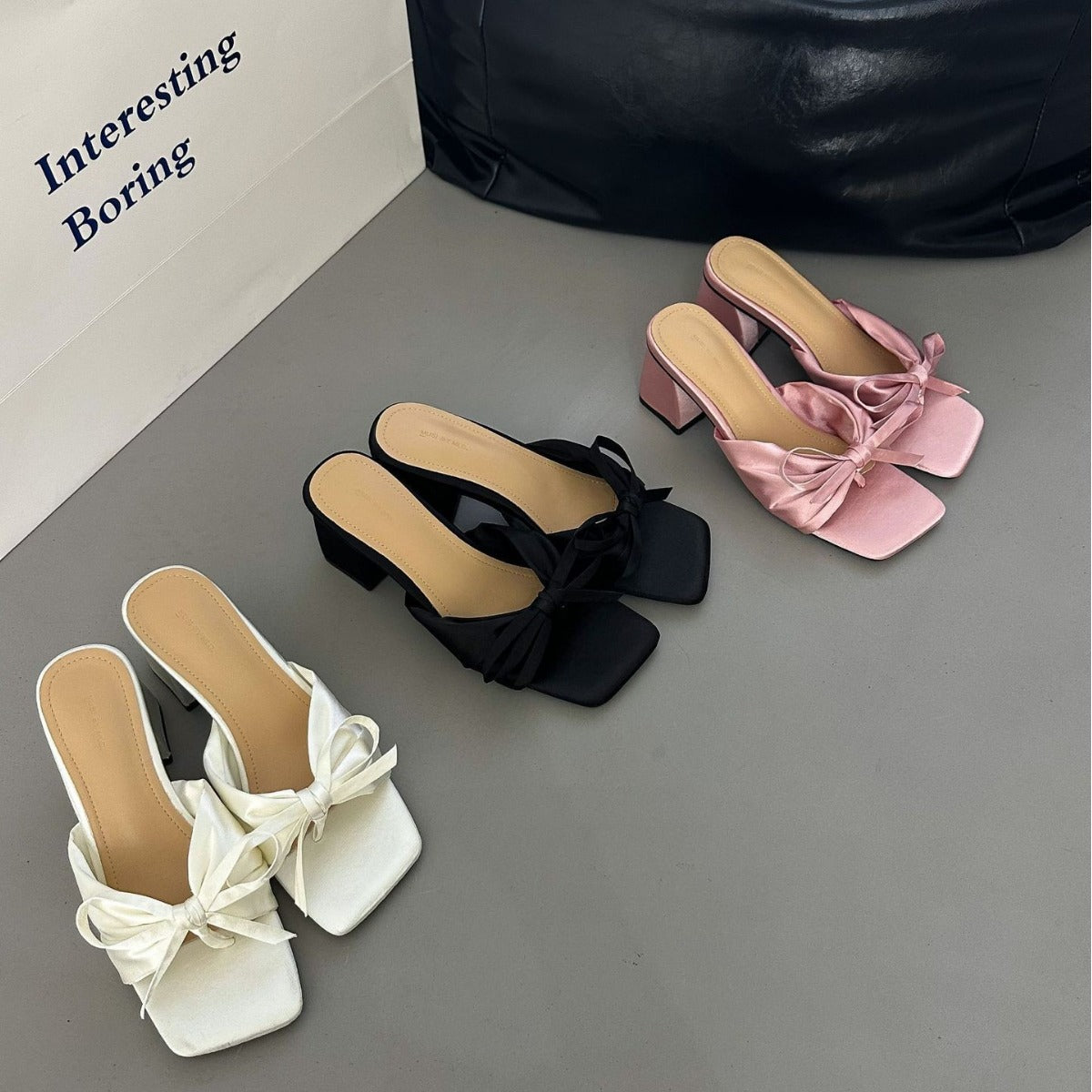 Square Toe Open Toe Satin Thick Heel High Heel Slippers 2024 Spring New Dongdaemun Versatile Simple Sandals And Slippers