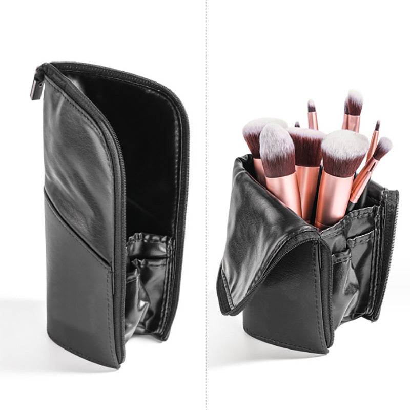 Universal Cosmetic Brush Bag Black Stand-Up Cosmetic Brush Holder Zipper PU Bag