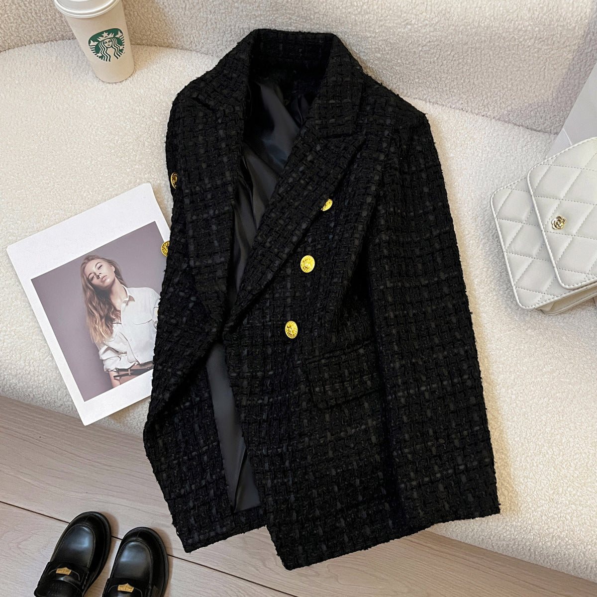 Black Tweed Suit Jacket Clothing High Sense