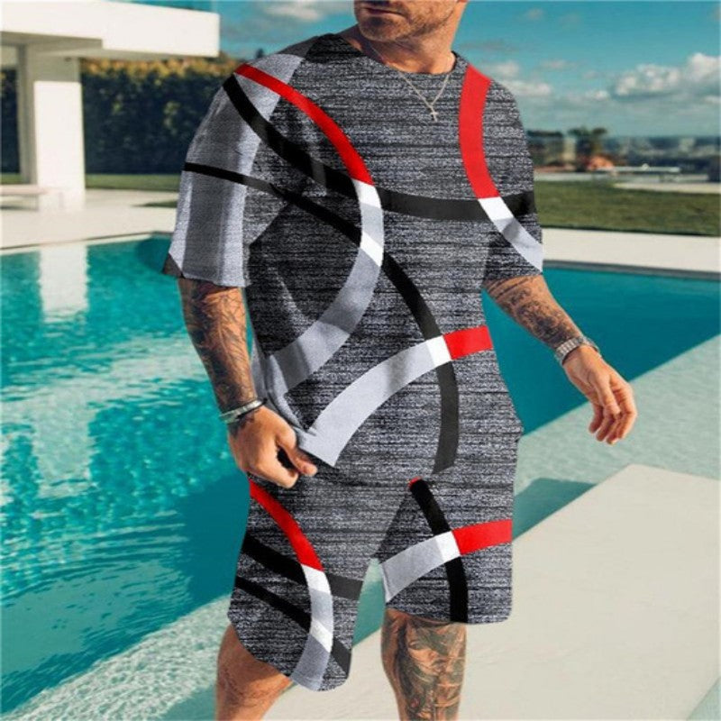 2023 Summer Amazon Cross-border Geometry Digital Printing 3D Men&#039;s Casual Beach Pants T-shirt Shorts Set