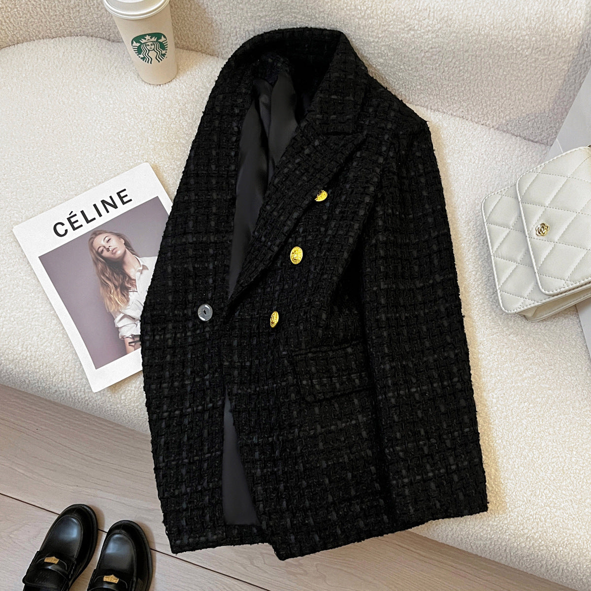 Black Tweed Suit Jacket Clothing High Sense