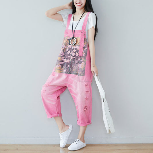 2024 New And Old Elegant Printed Jeans With Ripped Large Size Slim-fit Overalls Loose Straight Vagrant