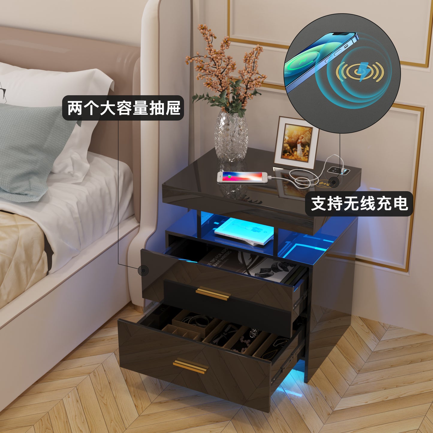 LED Lamp Bedside Table Human Body Induction USB Port Side Table With Drawer/open Storage Table Side Cabinet