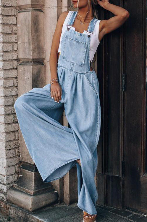 Amazon Wish Foreign Trade Cross-border Summer New Women&#039;s Loose Side Pocket Sleeveless Women&#039;s Denim Suspender Pants