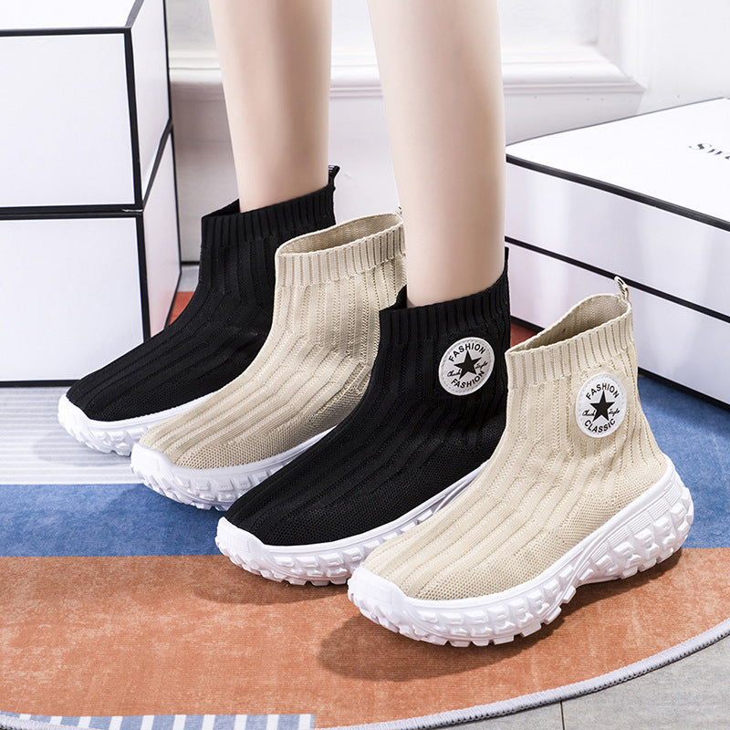 New High Top Sports Shoes Breathable Mesh Shoes Light Ladies Solid Bottom Socks Shoes