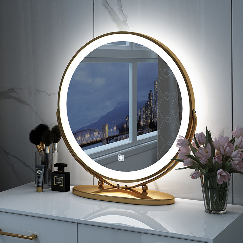 Desktop Round Table LED Light Makeup Mirror Bedroom Home Supplementary Light Mirror Large Dressing Mirror Ins Nordic Style Light Luxury Mirror