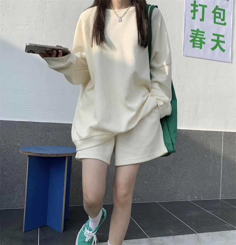 Spring And Summer Waffle Gray Suit Trend Female Loose Letter Loose Sweater Casual Sports Style Shorts Two-piece Set