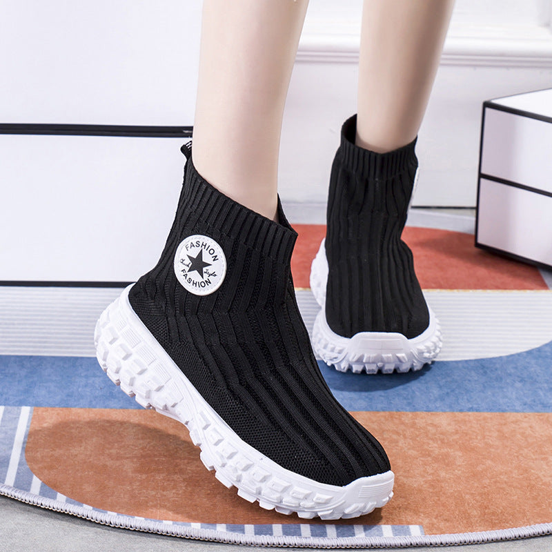 New High Top Sports Shoes Breathable Mesh Shoes Light Ladies Solid Bottom Socks Shoes